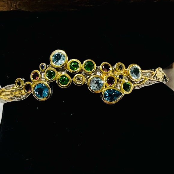NATURAL GEMSTONES HANDMADE SILVER 925 BRACELET Gold accents- NEW- Price is firm